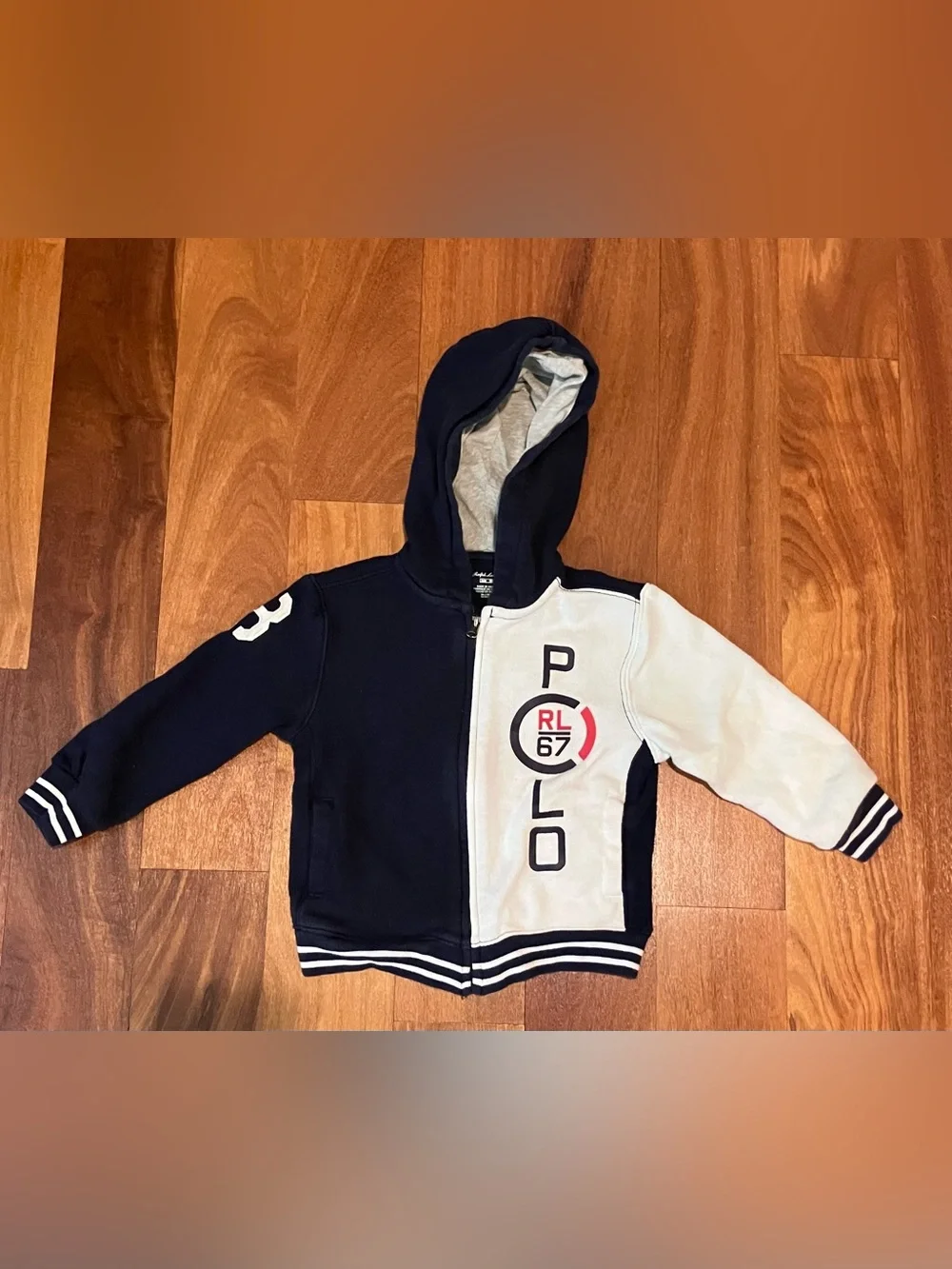 Ralph Lauren Navy & White RL67 Hooded Zip Sweatshirt for Kids